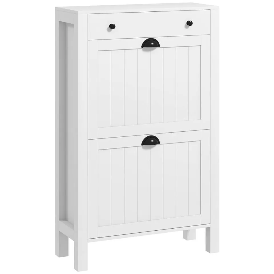 BOXED HOMCOM NARROW SHOE CABINET WITH 2 FLIP DRAWERS AND ADJUSTABLE SHELVES, WHITE (1 BOX)