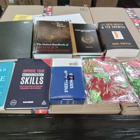 PALLET OF ASSORTED ITEMS INCLUDING CALLED TO LOVE BOOK, IMPROVE YOUR COMMUNICATION SKILLS BOOK, BIRTHDAY DECORATIONS, MODERN SCOTTISH HISTORY BOOK, 2022 PLANNER