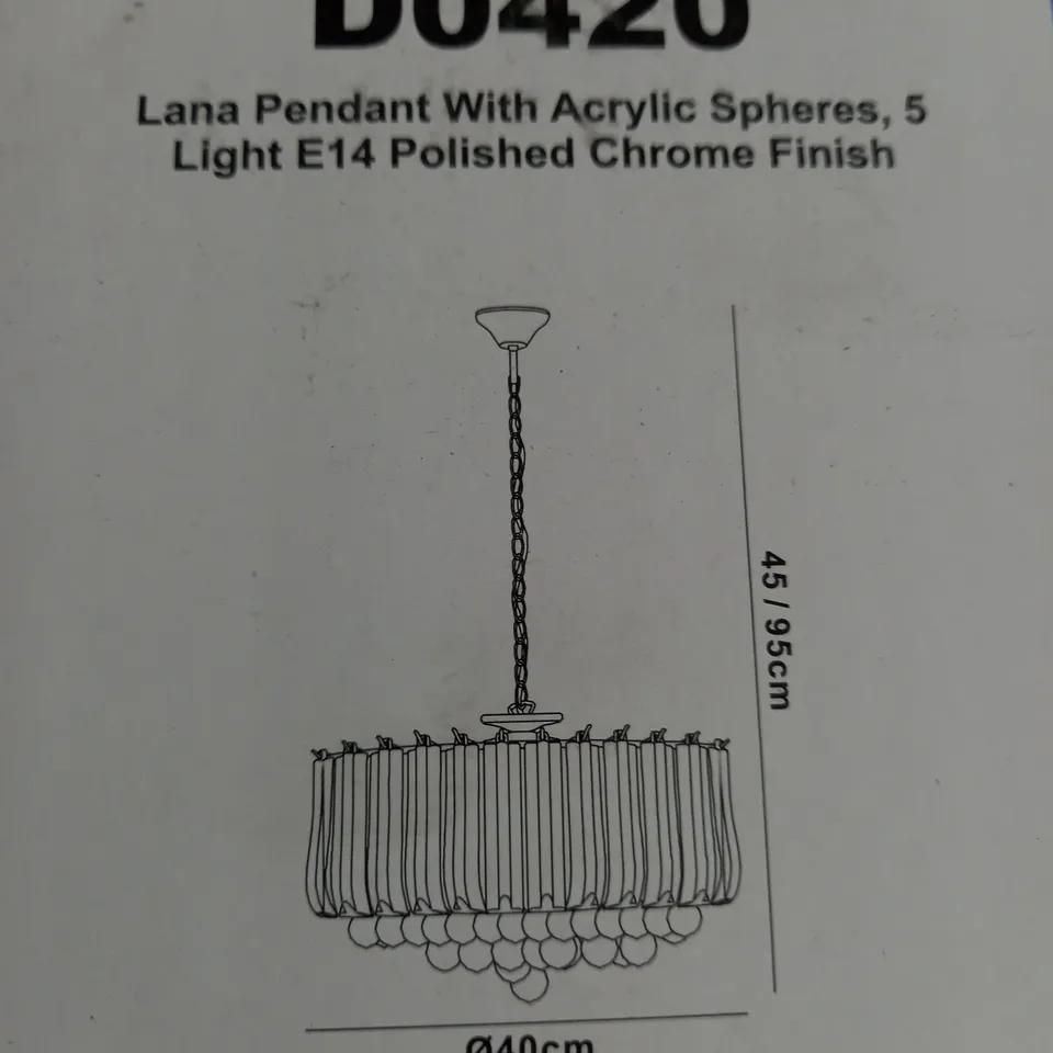 BOXED DECO LIGHTING LANA 5 LIGHT PENDANT WITH ACRYLIC SPHERES E14 POLISHED CHROME FINISH SELIVER