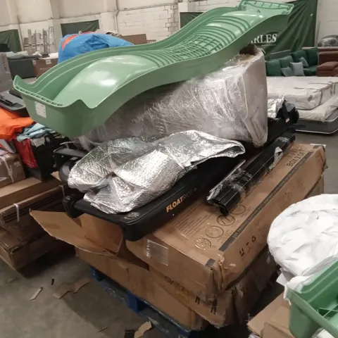 PALLET OF ASSORTED INCOMPLETE OR DAMAGED HOUSEHOLD GOODS AND PRODUCTS TO INCLUDE; TREADMILL, EXERCISE BIKE, TRAMPOLINE PARTS ETC