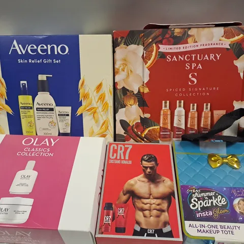 5 ASSORTED GIFT SETS TO INCLUDE AVEENO, SANTUARY SPA, OLAY, ETC 