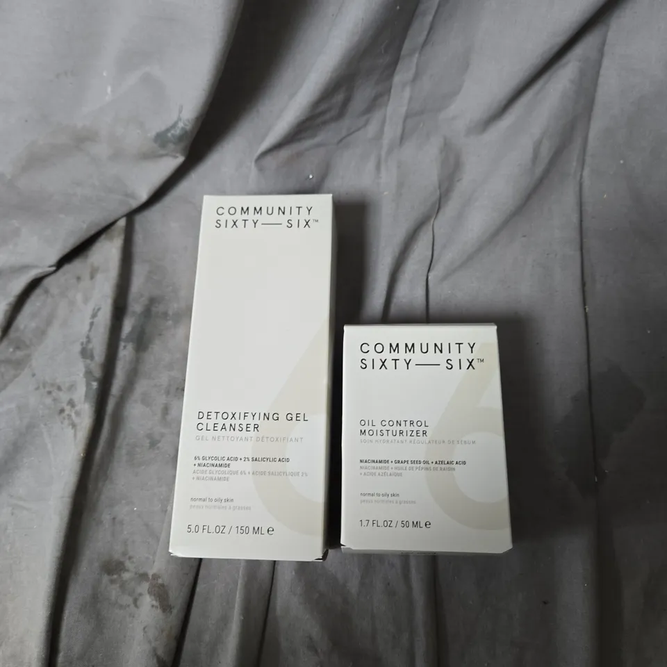 BOX OF APPROXIMATELY 15 X COMMUNITY SIXTY-SIX DETOXIFYING GEL CLEANSER & OIL CONTROL MOISTURIZER – FACIAL SKIN CARE DUO