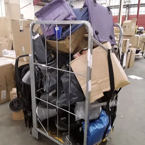 CAGE TO CONTAIN AN ASSORTMENT OF HOUSEHOLD ITEMS TO INCLUDE METAL BINS, SOFT SHELL LUGGAGE CASES PLUG EXTENSION ECT