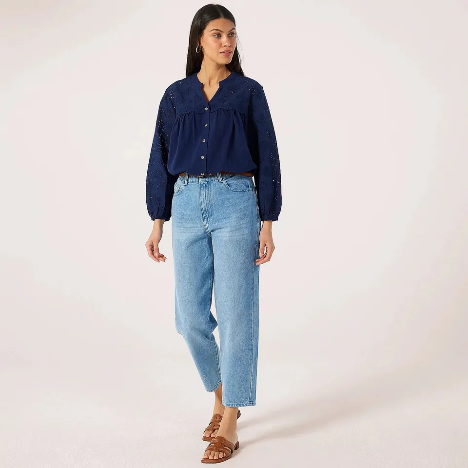 DENIM & CO. COTTON BRODERIE DETAIL BLOUSE NAVY LARGE