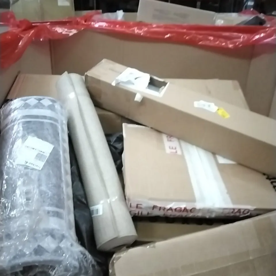 PALLET OF HOUSEHOLD ITEMS TO INCLUDE RUG,MANUAL WEEDER, BED RAIL GUARDS, ROCKET TRACK RACING, SEAT PROTECTORS AND OTHER ASSORTED ITEMS...