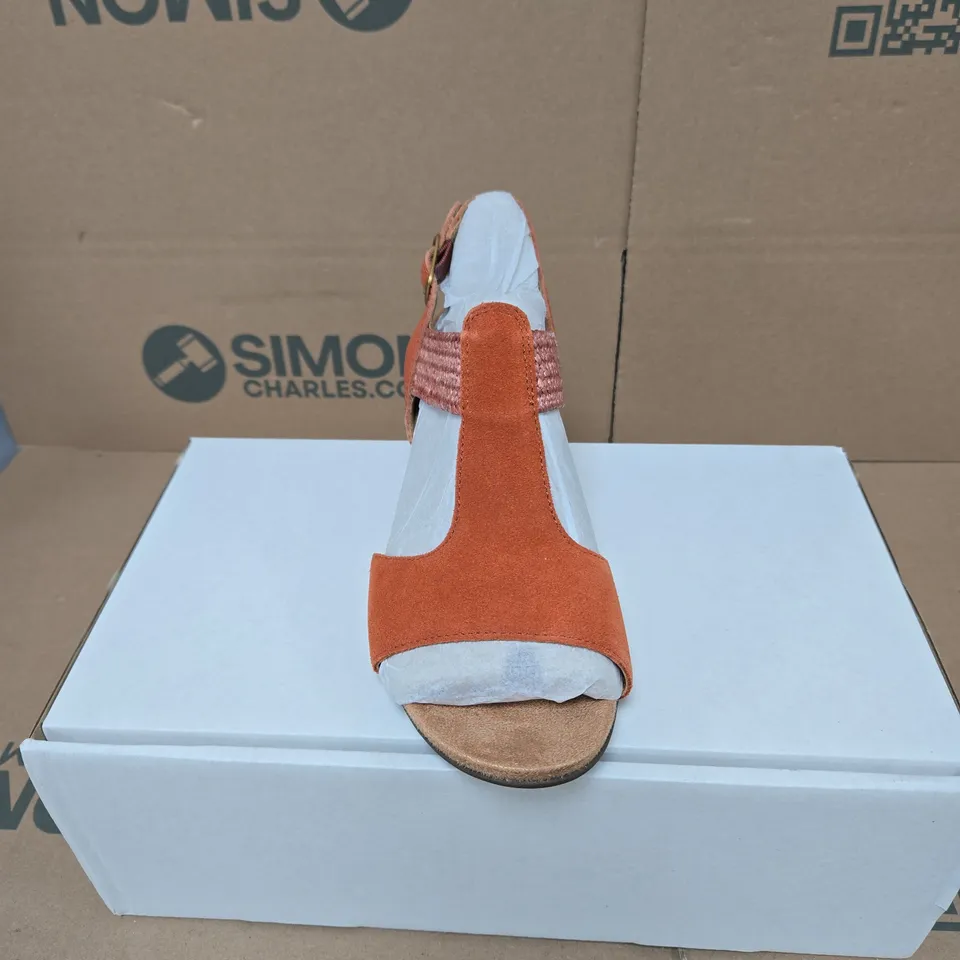 VIONIC WOMEN'S WEDGE SANDALS – ORANGE SUEDE STRAPS, PINK BRAIDED ANKLE STRAP, CORK HEEL UK 7 BOXED