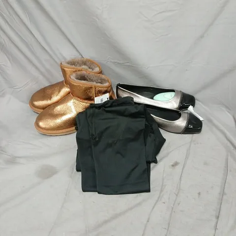 BOX OF APPROXIMATELY 15 ASSORTED HOUSEHOLD ITEMS INCLUDING EMU AUSTRALIA SIZE 7 SLIP ON BOOTS, BLACK LEG INS AND MODA IN PELLE BALLET PUMPS SIZE EU 40
