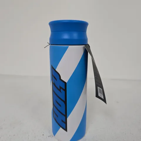 BLUE WATER BOTTLE WITH WHITE DIAGONAL STRIPE PATTERN