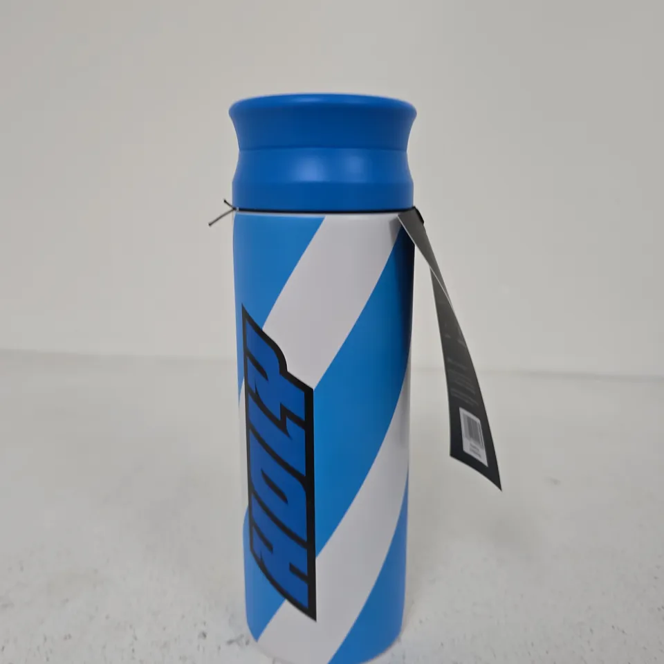 BLUE WATER BOTTLE WITH WHITE DIAGONAL STRIPE PATTERN