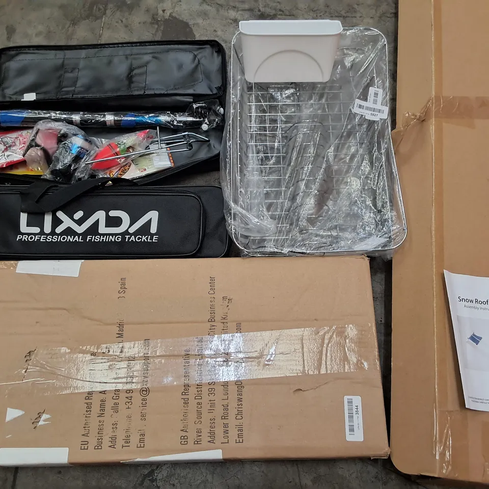 PALLET OF ASSORTED HOUSEHOLD ITEMS TO INCLUDE FISHING TACKLE SETS, SNOW ROOF RAKE AND AIR FRYER OVEN