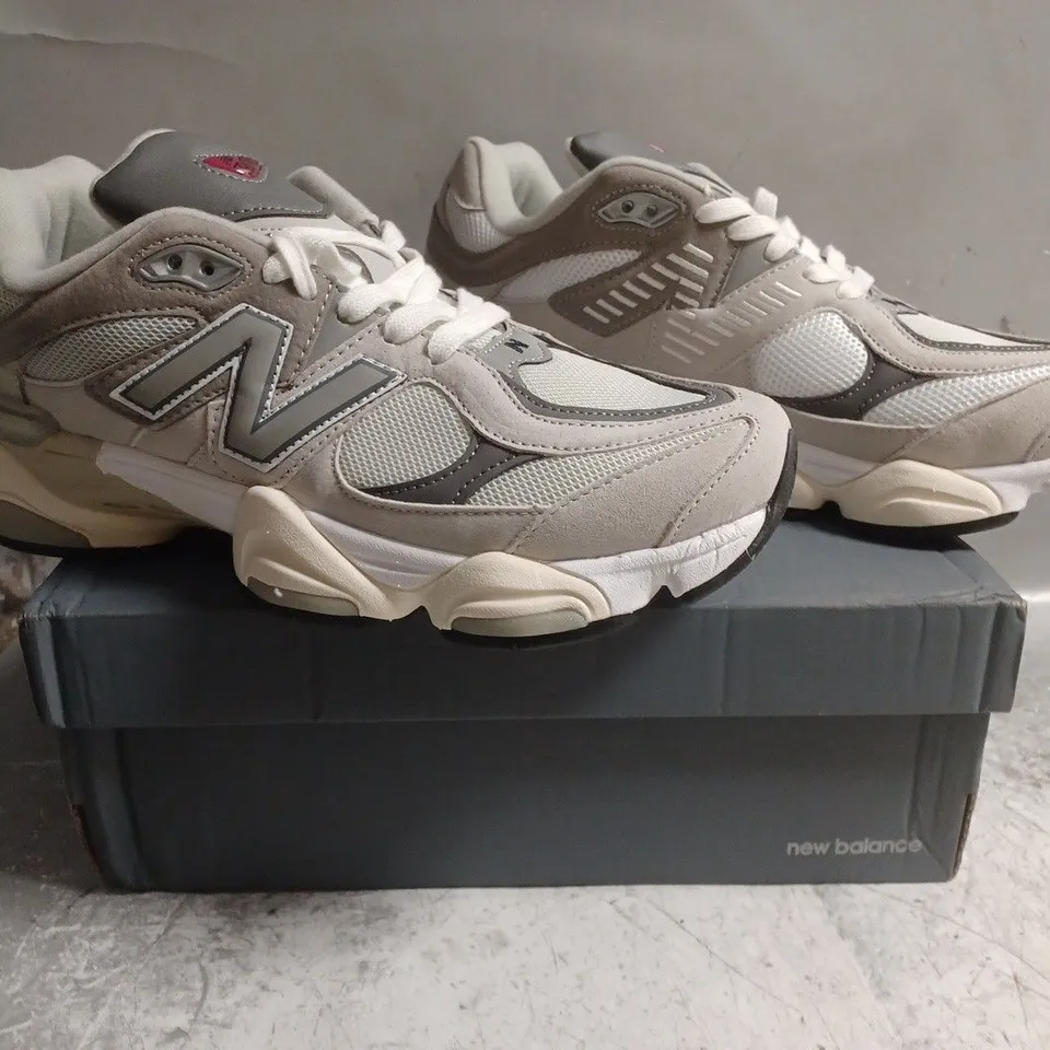 BOXED PAIR OF NEW BALANCE 9060 TRAINERS IN TAUPE/GREY SIZE UK 10.5