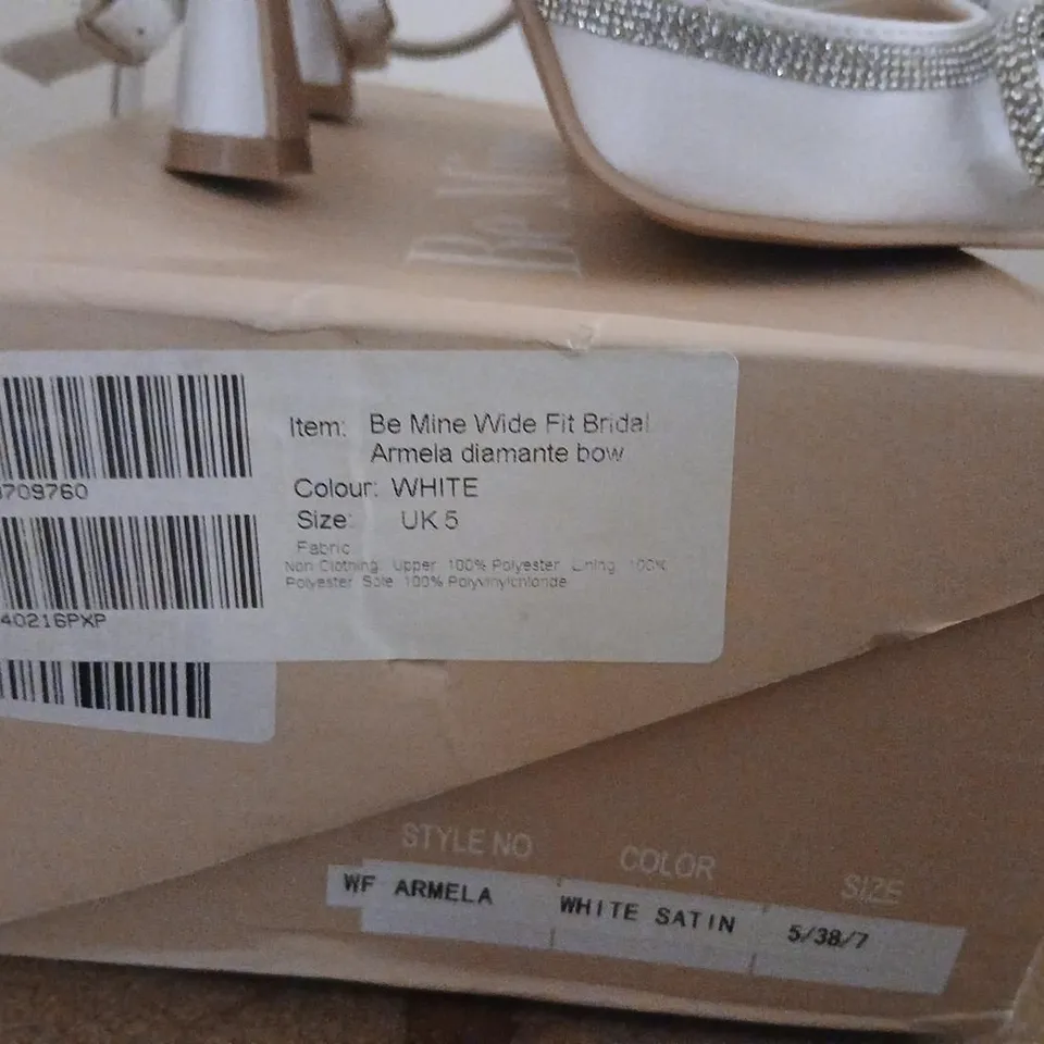 BE MINE WIDE FIT BRIDAL SHOES BY ARMELA – WHITE SATIN, DIAMANTE BOW, UK 5