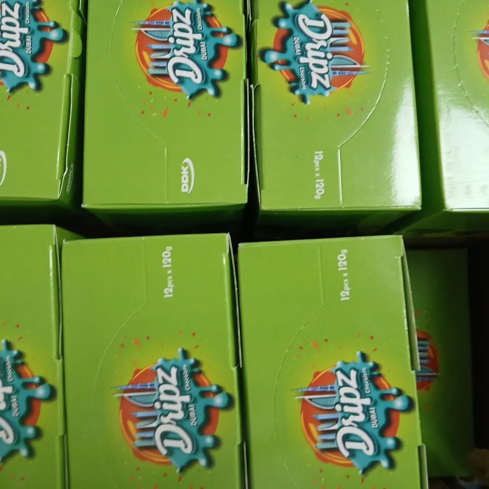 BOX OF APPROXIMATELY 15 PACKS OF DRIPZ DUBAI PISTACHIO KUNAFA CHOCOLATE (12 X 120G BARS PER PACK)