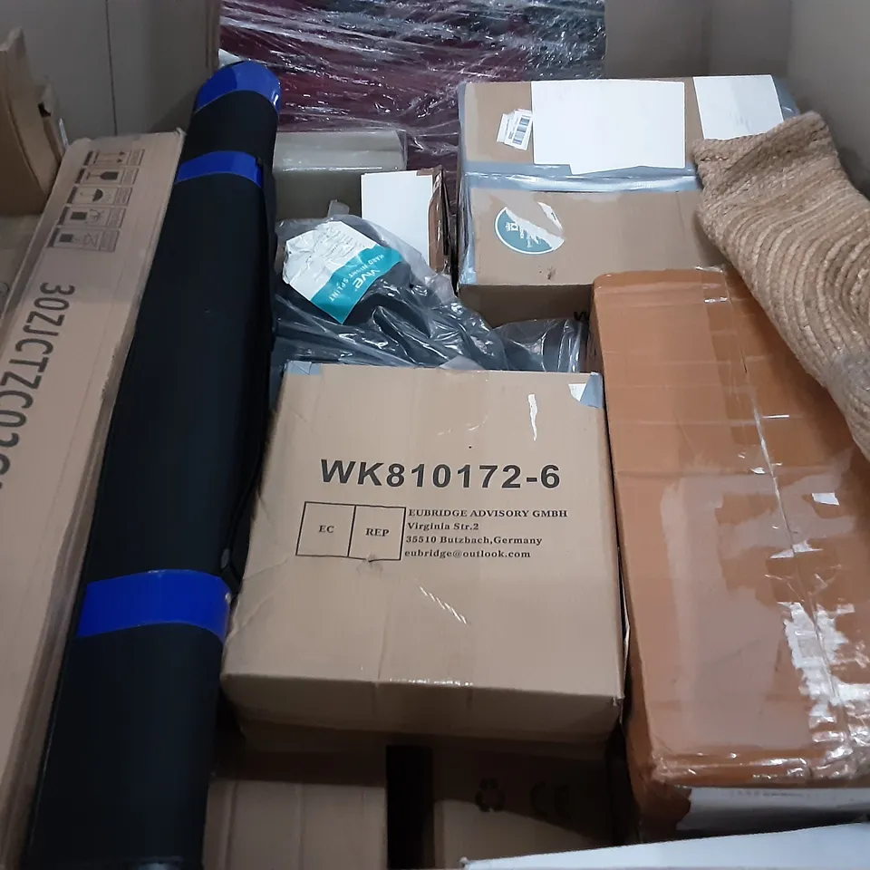 PALLET OF ASSORTED PRODUCTS INCLUDING ANGEL SHIELD TOILET SEAT, VIVIE GEL CUSHION, FURROW OFFICE STOOL, SUNPHIO, U-MISS AUTOMATIC RICE STORAGE