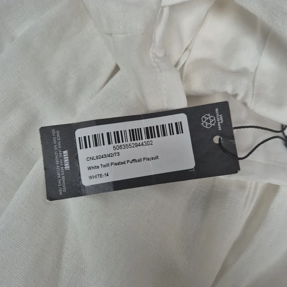 WHITE TWILL PLEATED PUFFBALL PLAYSUIT – UK 14