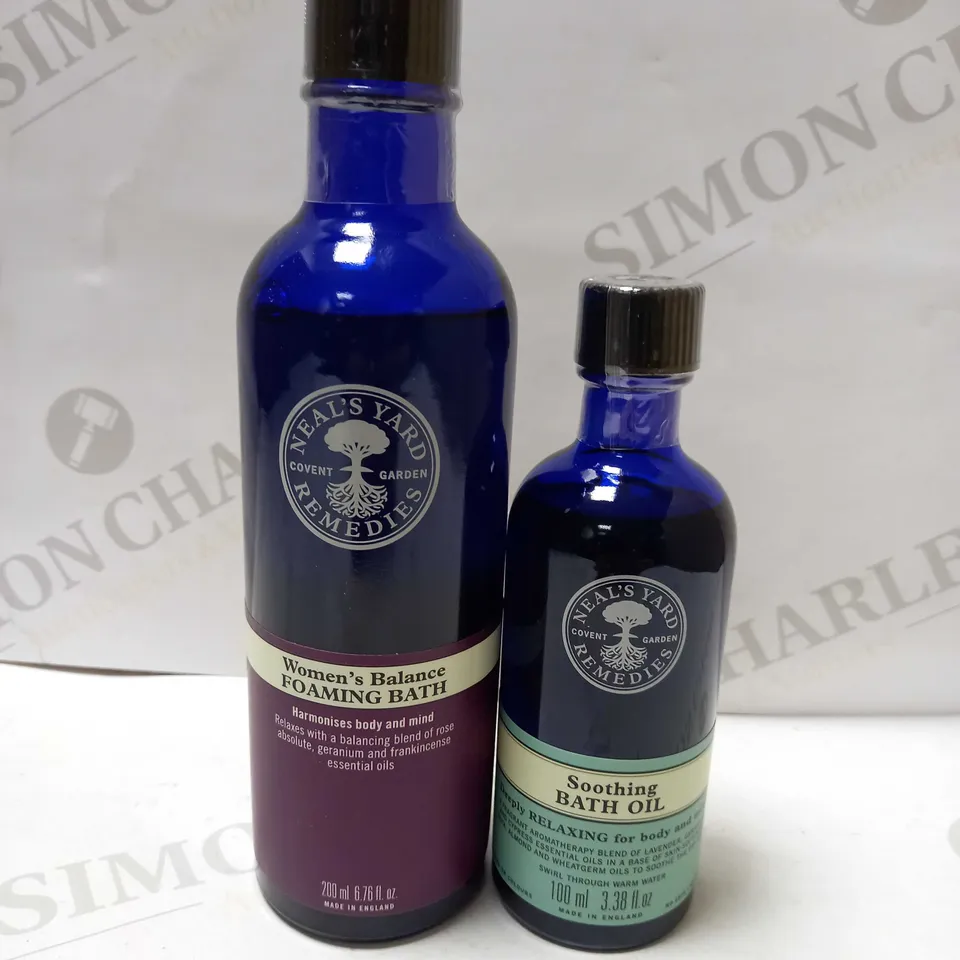 LOT OF 2 NEAL'S YARD REMEDIES PRODUCTS TO INCLUDE WOMEN'S BALANCE FOAMING BATH 200ML & SOOTHING BATH OIL 100ML