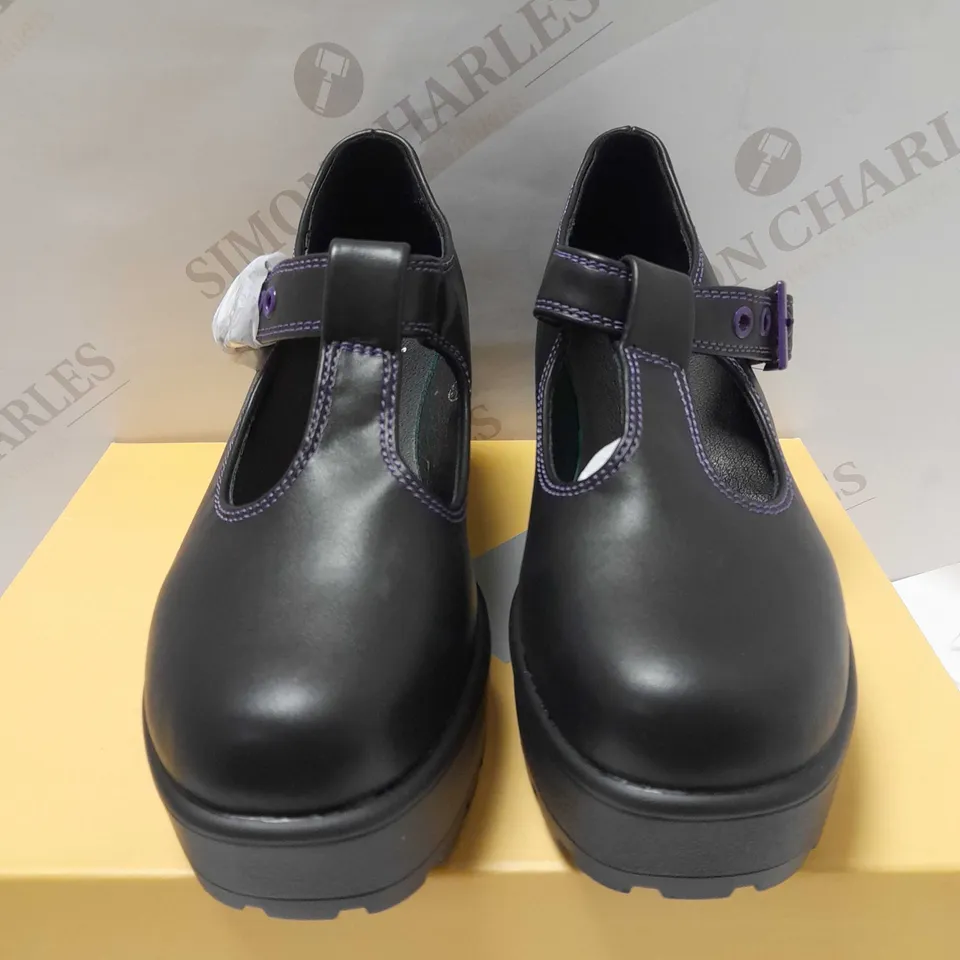 KOI TOZO BLACK PU/PURPLE STITCH MARY JANES SHOES - SIZE 3