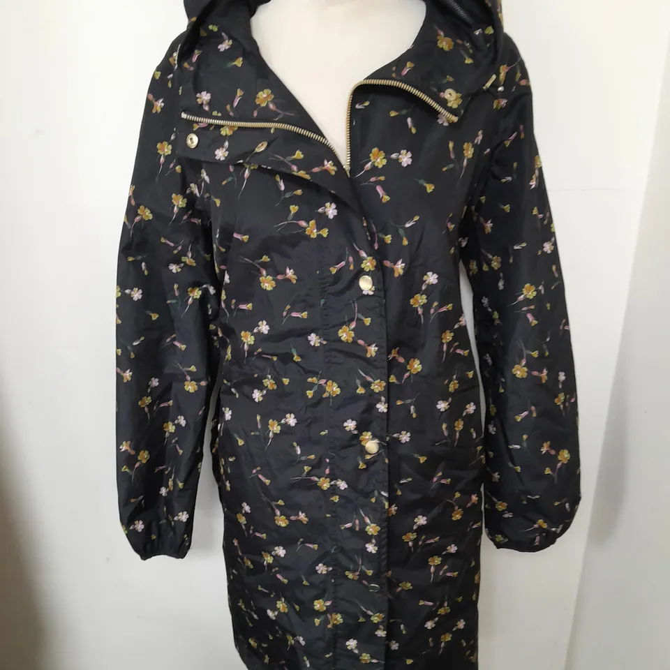 JOULES RIGHT AS RAIN BLACK FLORAL PRINT COAT - UK 14