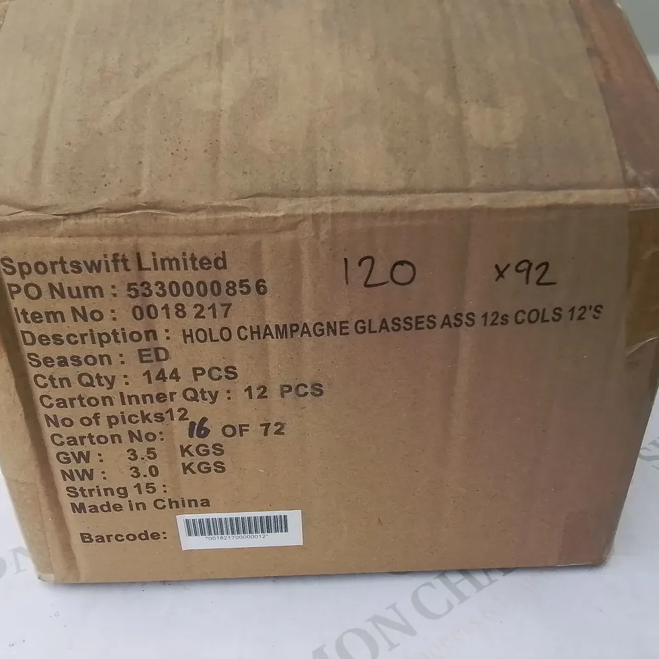 PALLET CONTAINING 92 BOXES OF BRAND NEW HOLO CHAMPAGNE GLASS CONFETTI  - 144 PIECES PER BOX / APPROX TOTAL 13,248