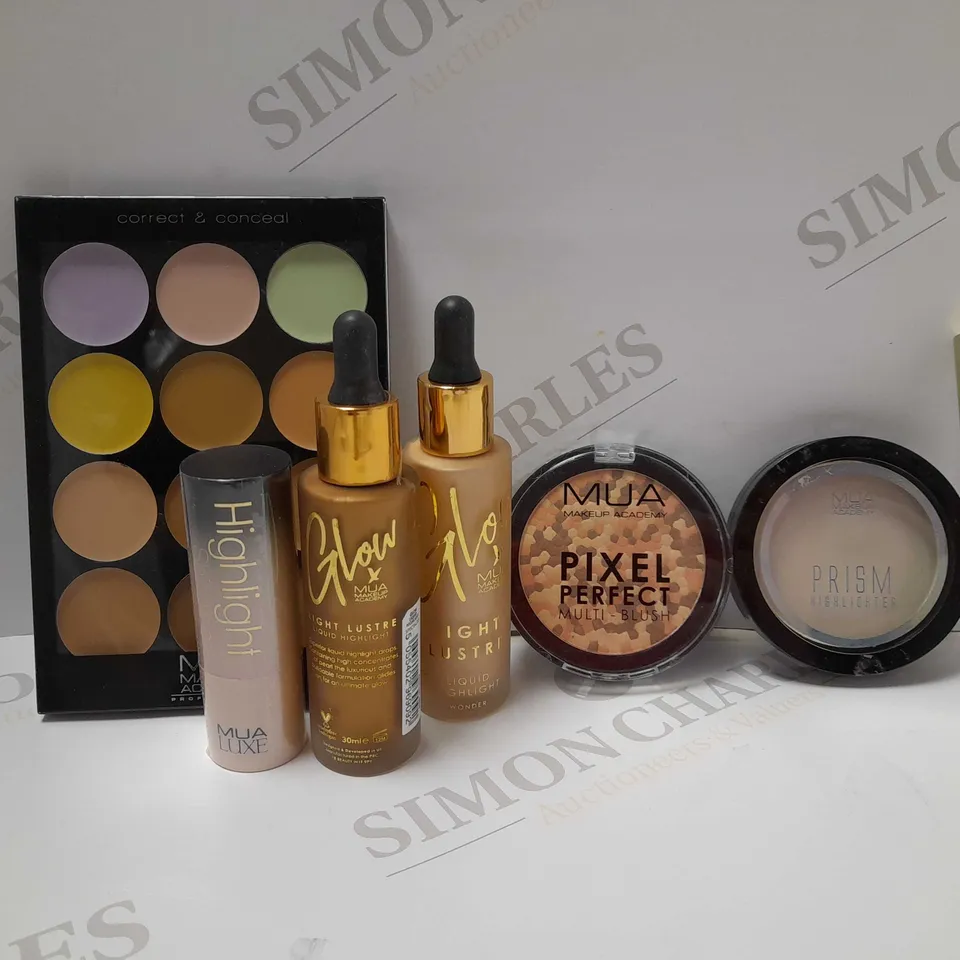 LOT OF APPROX 7 ASSORTED MUA PRODUCTS TO INCLUDE HIGHLIGHTER, LIP LACQUER, LIQUID HIGHLIGHTER, ETC 
