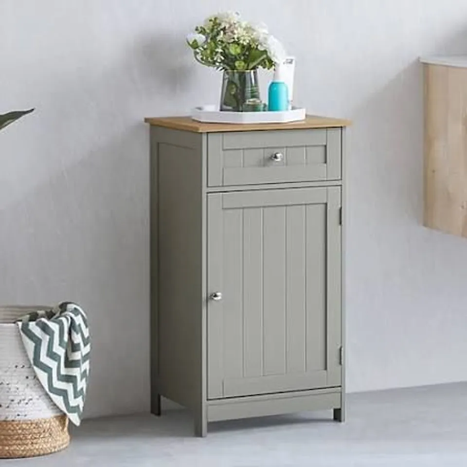 BOXED LASSIC BATH VIDA PRIANO 1 DOOR 1 DRAWER FREESTANDING CABINET - GREY/OAK (1 BOX)