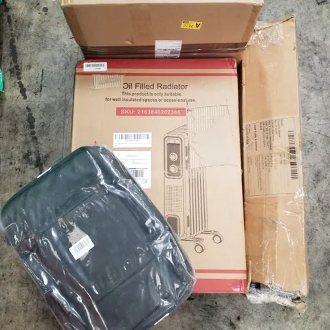 PALLET OF ASSORTED PRODUCTS INCLUDING OIL FILLED RADIATOR, LAPTOP BACKPACK, PARASOL BASE, COUNTERTOP ORGANIZER 