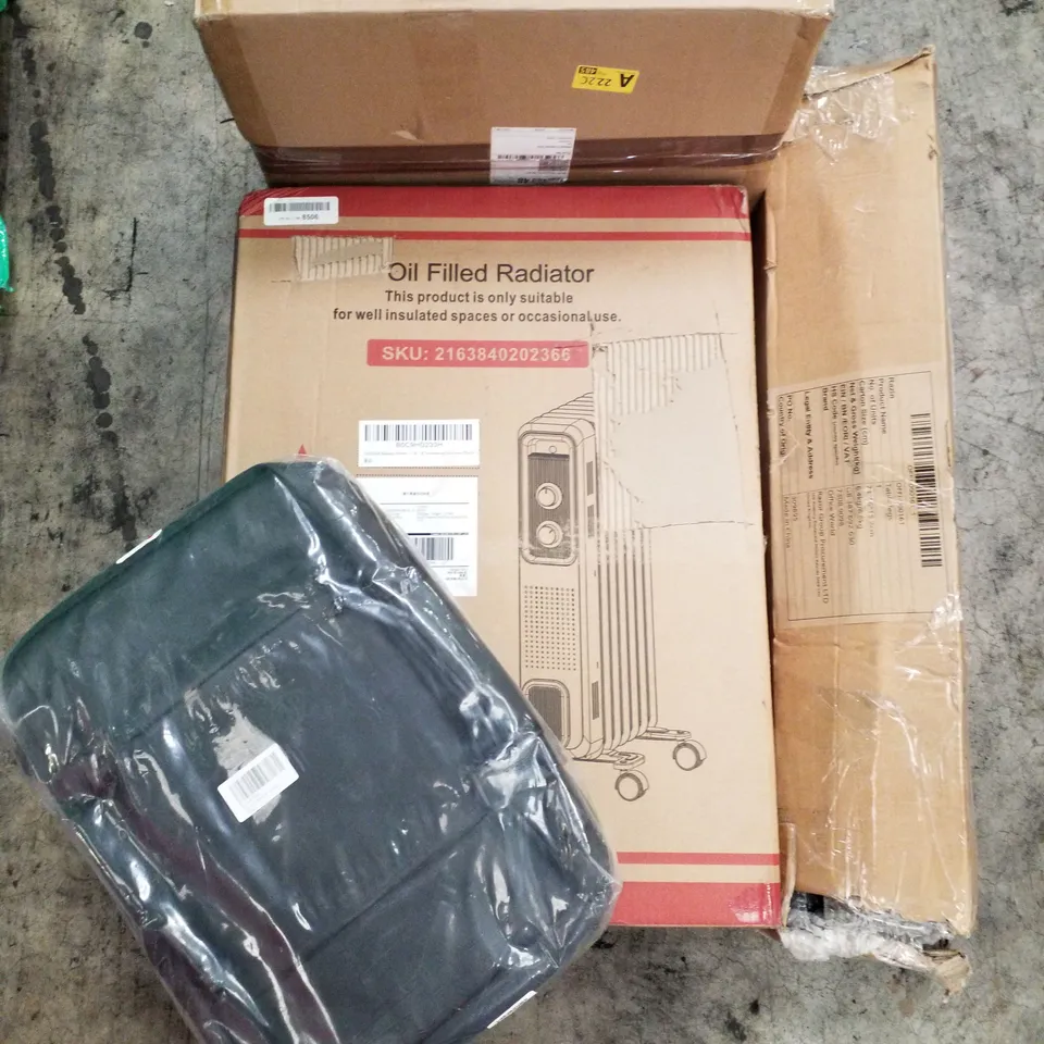 PALLET OF ASSORTED PRODUCTS INCLUDING OIL FILLED RADIATOR, LAPTOP BACKPACK, PARASOL BASE, COUNTERTOP ORGANIZER
