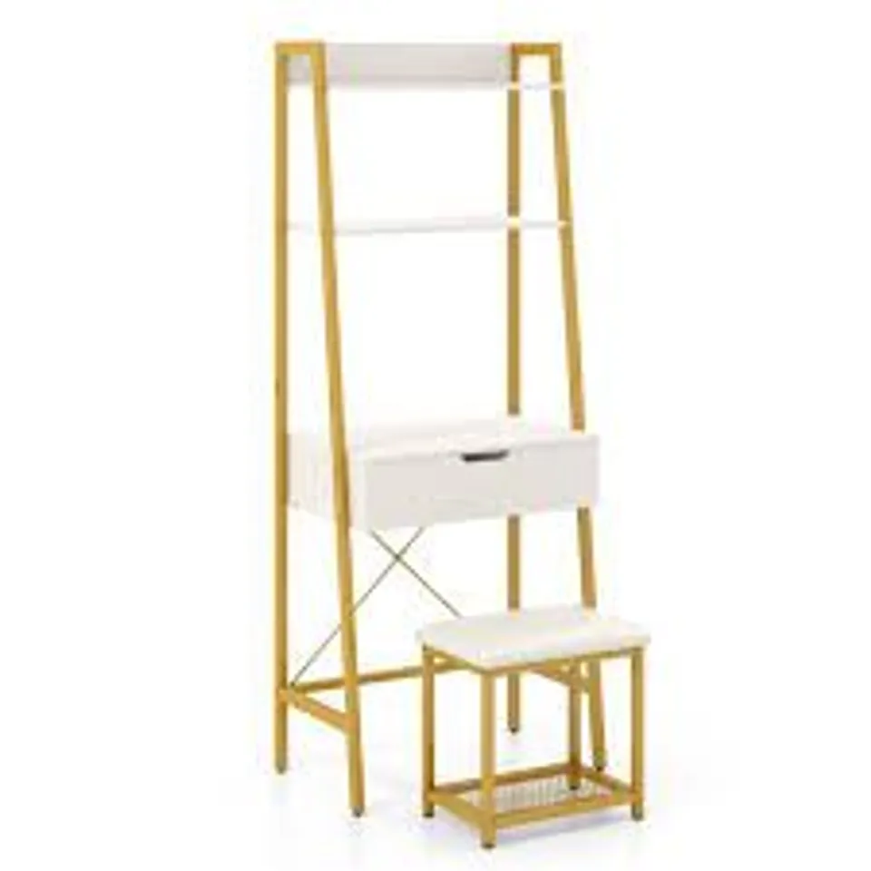 BOXED COSTWAY LADDER VANITY DESK SET WITH FLIP TOP MIRROR AND CUSHIONED STOOL - GOLDEN