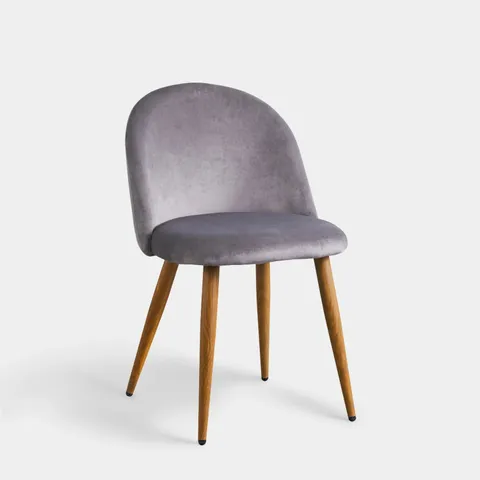 BOXED SET OF 2 DESIGNER GREY VELVET CHAIRS, WOOD COLOURED LEGS (1 BOX)