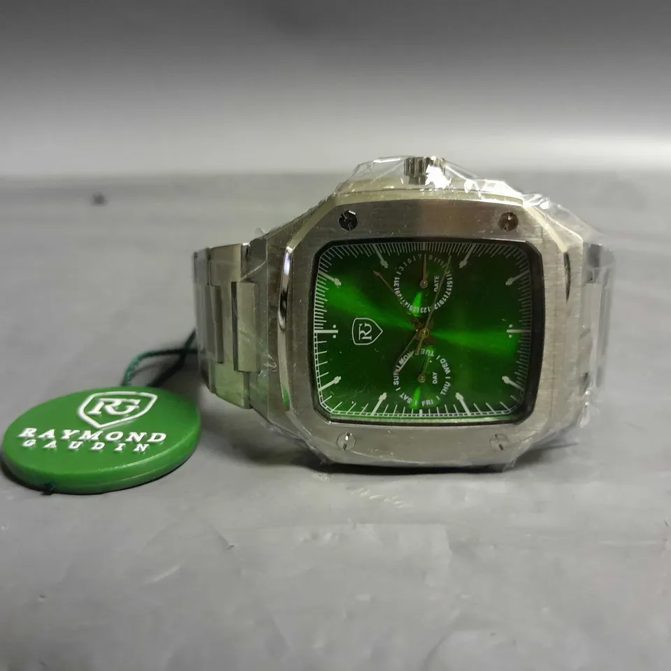 MENS RAYMOND GAUDIN WATCH IN GREEN/SILVER MULTI FUNCTION DIAL STAINLESS CASE & STRAP 5ATM WATER RESISTANT WOODEN GIFT BOX