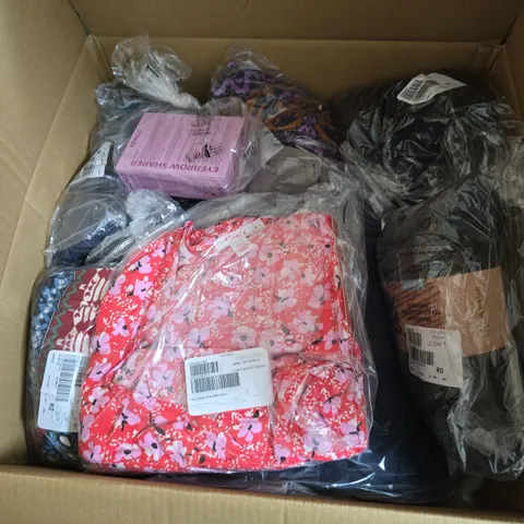 BOX OF APPROXIMATELY 20 ASSORTED CLOTHING ITEMS IN VARIOUS STYLES , COLOURS AND SIZES