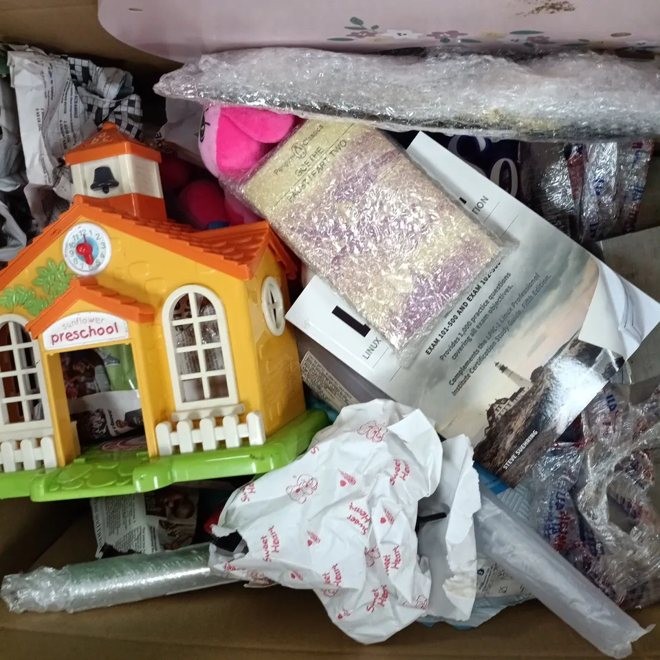 APPROXIMATELY 20 ASSORTED ITEMS TO INCLUDE TOILET ROLLS, BOOKS, SUNFLOWER PRESCHOOL TOY, ETC - COLLECTION ONLY