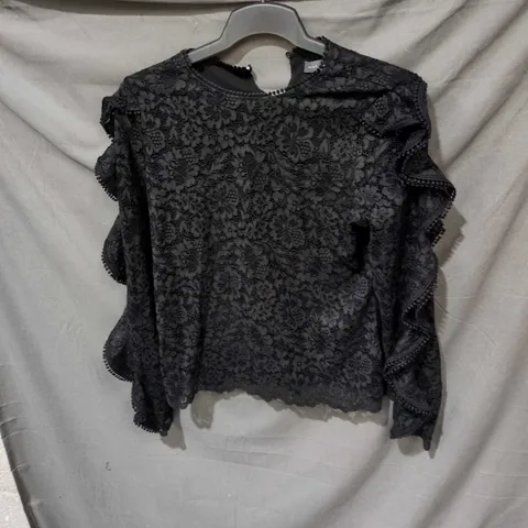 MINT VELVET BLACK LACE TOP - LONG-SLEEVE, FLORAL LACE WITH SCALLOPED EDGES