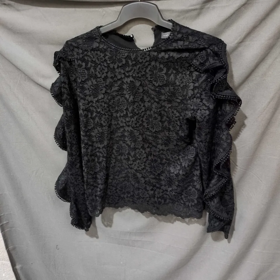 MINT VELVET BLACK LACE TOP - LONG-SLEEVE, FLORAL LACE WITH SCALLOPED EDGES