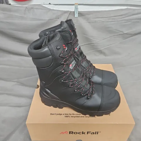 BOXED PAIR OF ROCK FALL RF540 MONZONITE HIGH LEG INTERNAL METATARSAL WATERPROOF SAFETY BOOT WITH SIDE ZIP IN BLACK - UK 9