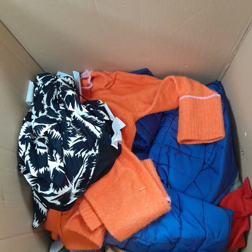 LARGE BOX OF ASSORTED CLOTHING ITEMS TOO INCLUDE TOPS , TROUSERS AND JUMPERS COMING IN DIFFERENT COLOURS AND SIZES