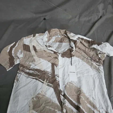 JACK & JONES MEN'S SHORT-SLEEVE SHIRT β XS β BEIGE/BROWN ABSTRACT PATTERN