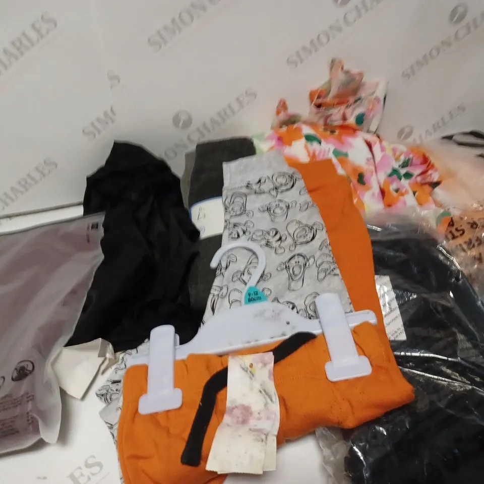 BOX OF ASSORTED CLOTHING ITEMS TOO INCLUDE DRESSES, JACKETS , UNDERWEAR AND T-SHIRTS 