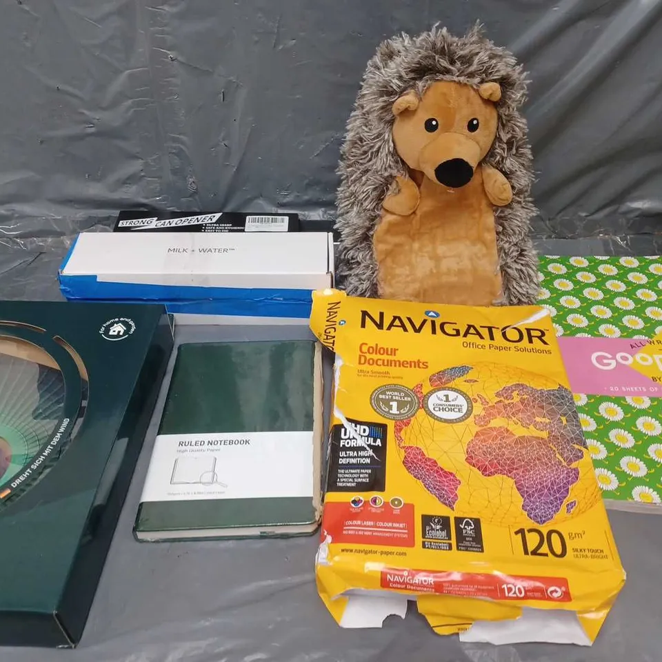 BOX OF APPROXIMATELY 15 ASSORTED ITEMS TO INCLUDE - SPINART SPINNER, NAVIGATOR PAPER, AND HOT WATTER BOTTLE ETC. 