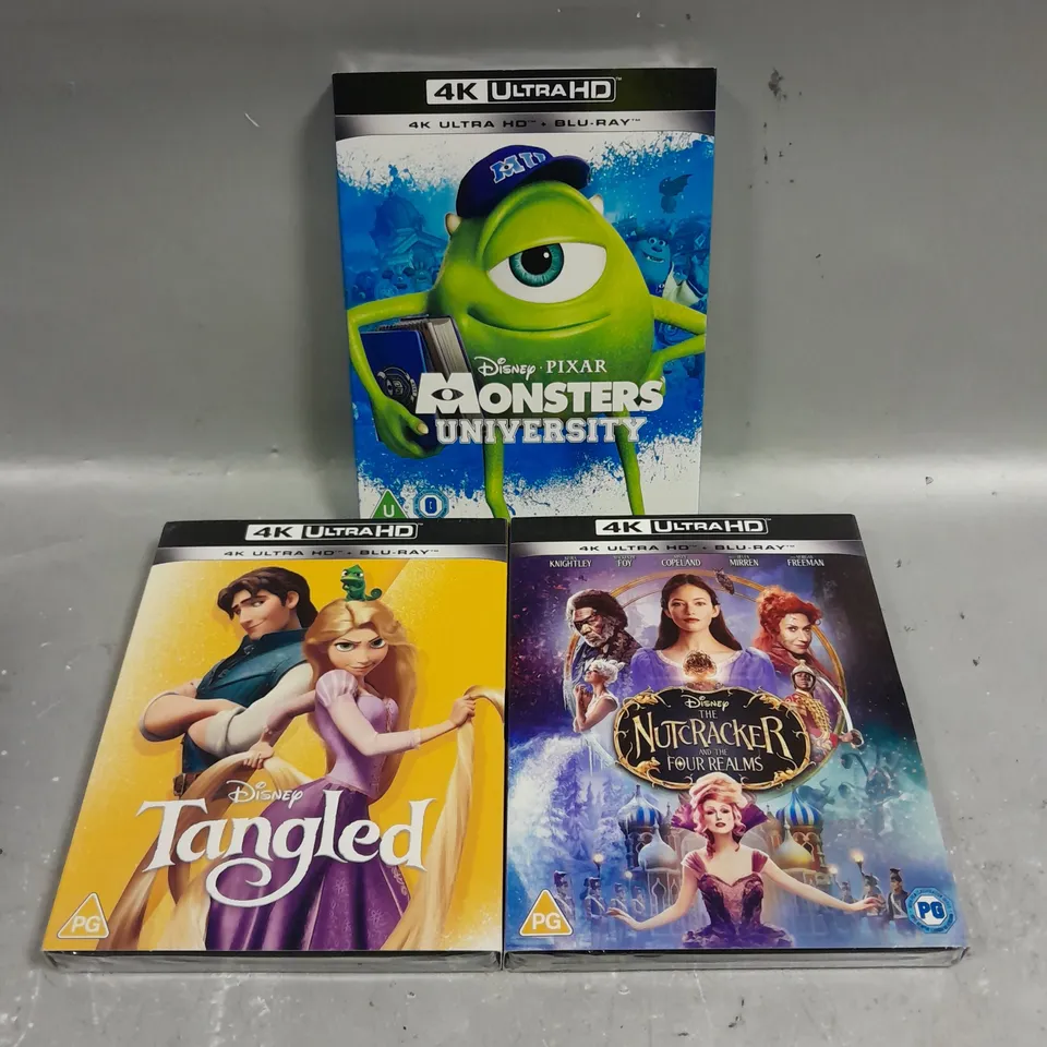 3 X ASSORTED SEALED DISNEY 4K ULTRA HD BLU-RAYS TO INCLUDE TANGLED, MONSTER UNIVERSITY, THE NUTCRACKER ETC 