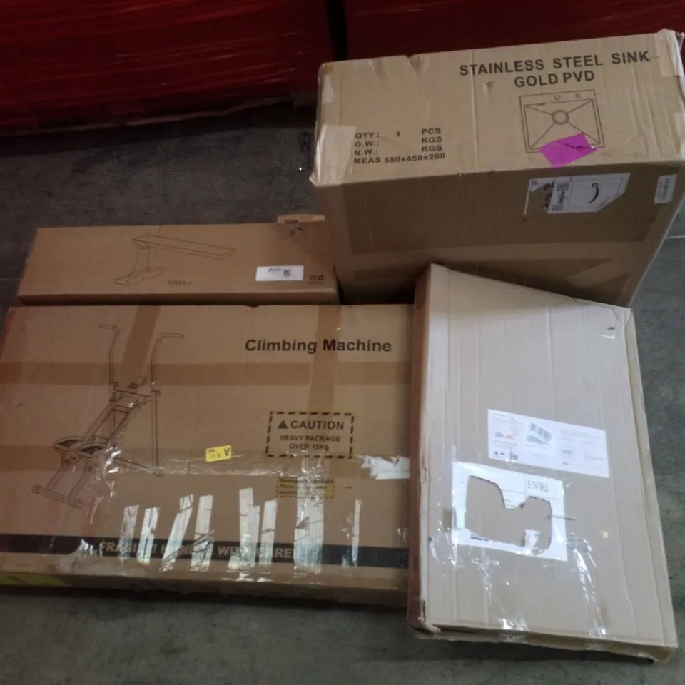 PALLET CONTAINING ASSORTED PRODUCTS INCLUDING CLIMBING MACHINE, LADDER EXTENSION, STAINLESS STEEL SINK & PICTURE FRAMES