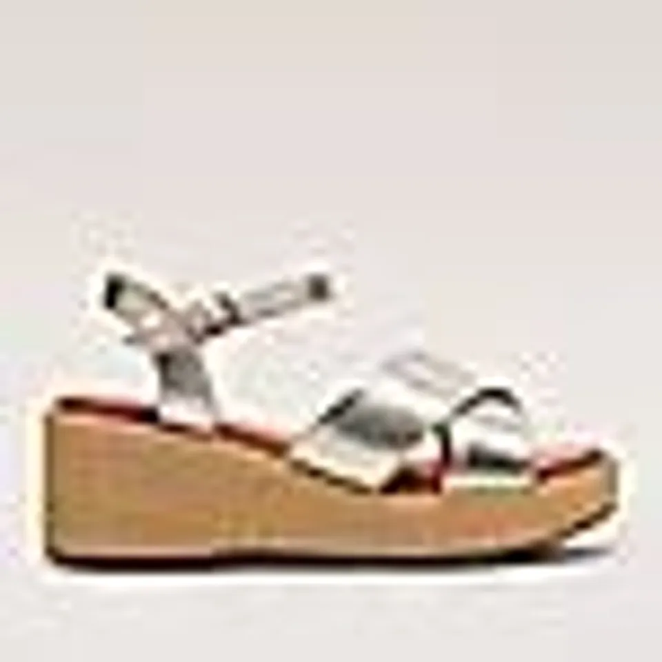 BOXED PAIR OF RUTH LANGSFORD LEATHER PLATFORM WEDGED SANDALS - CHAMPAGNE - UK SIZE 5