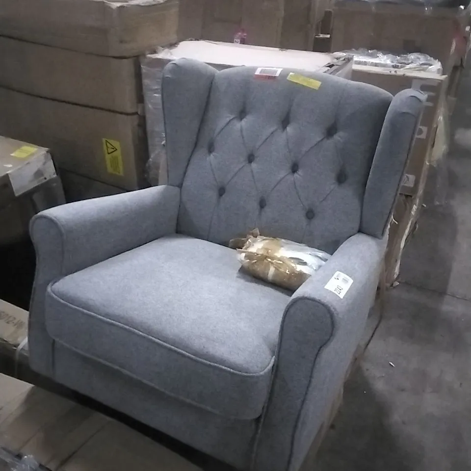 BUTTON-TUFTED WING BACK ACCENT CHAIR - SOLID WOOD LEGS