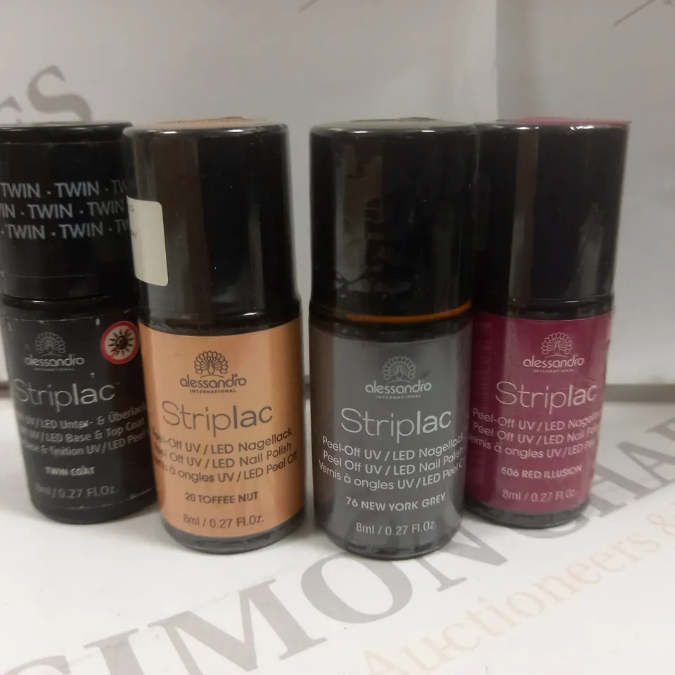 BOX OF APPROX 100 ASSORTED ALESSANDRO STRIPLAC PEEL-OFF UV LED NAIL POLISH #TOFFEE NUT #RED ILLUSION #NEW YORK GREY #TWIN COAT