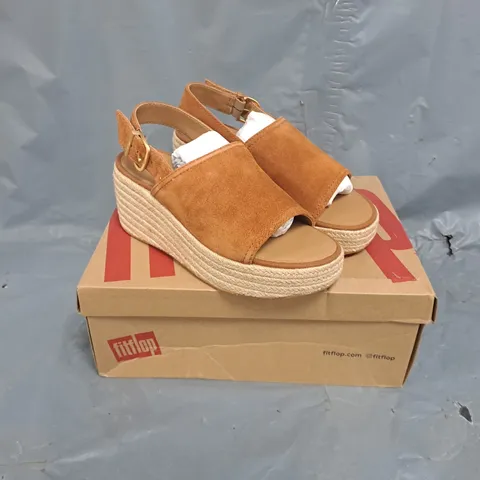 BOXED PAIR OF FITFLOP ESPADRILLE SUEDE WEDGE SANDALS IN DEEP TAN - UK 5