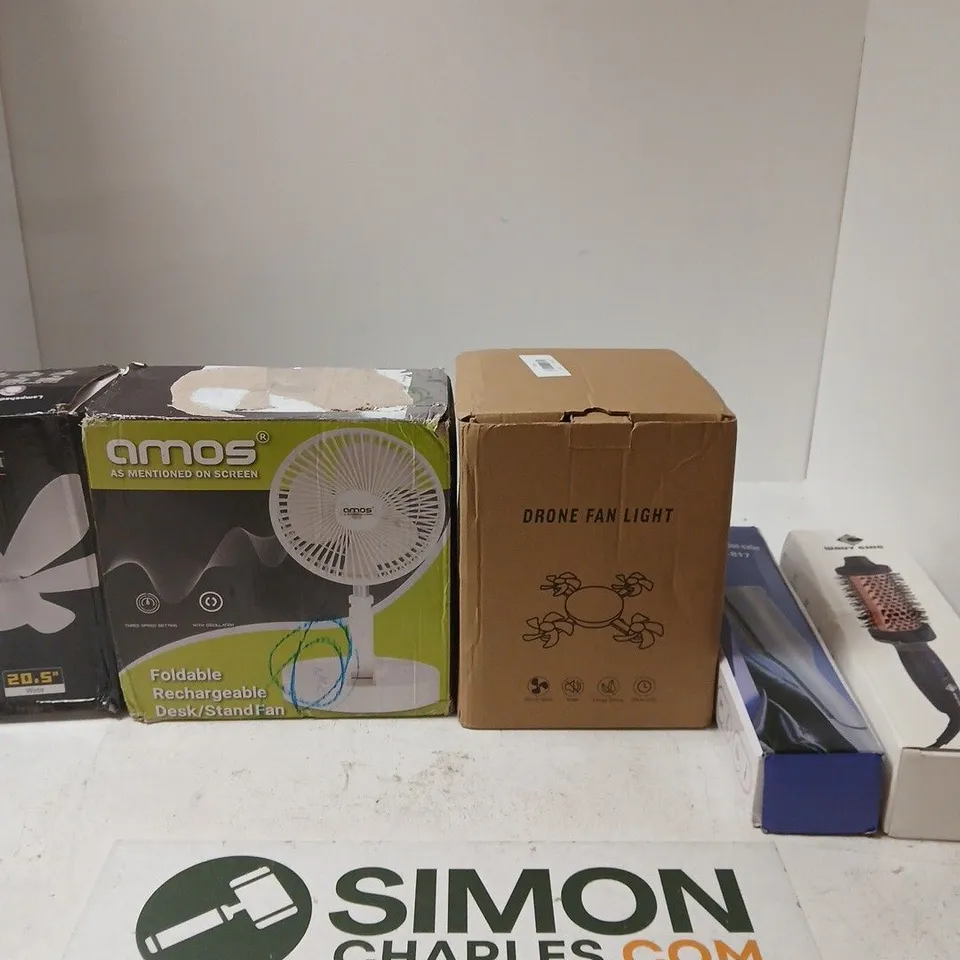 BOX OF APPROXIMATELY 10 ASSORTED ITEMS INCLUDING A FLOWER FAN LIGHT, AMOS FOLDABLE RECHARGEABLE DESK/STAND FAN AND A DRONE FAN LIGHT