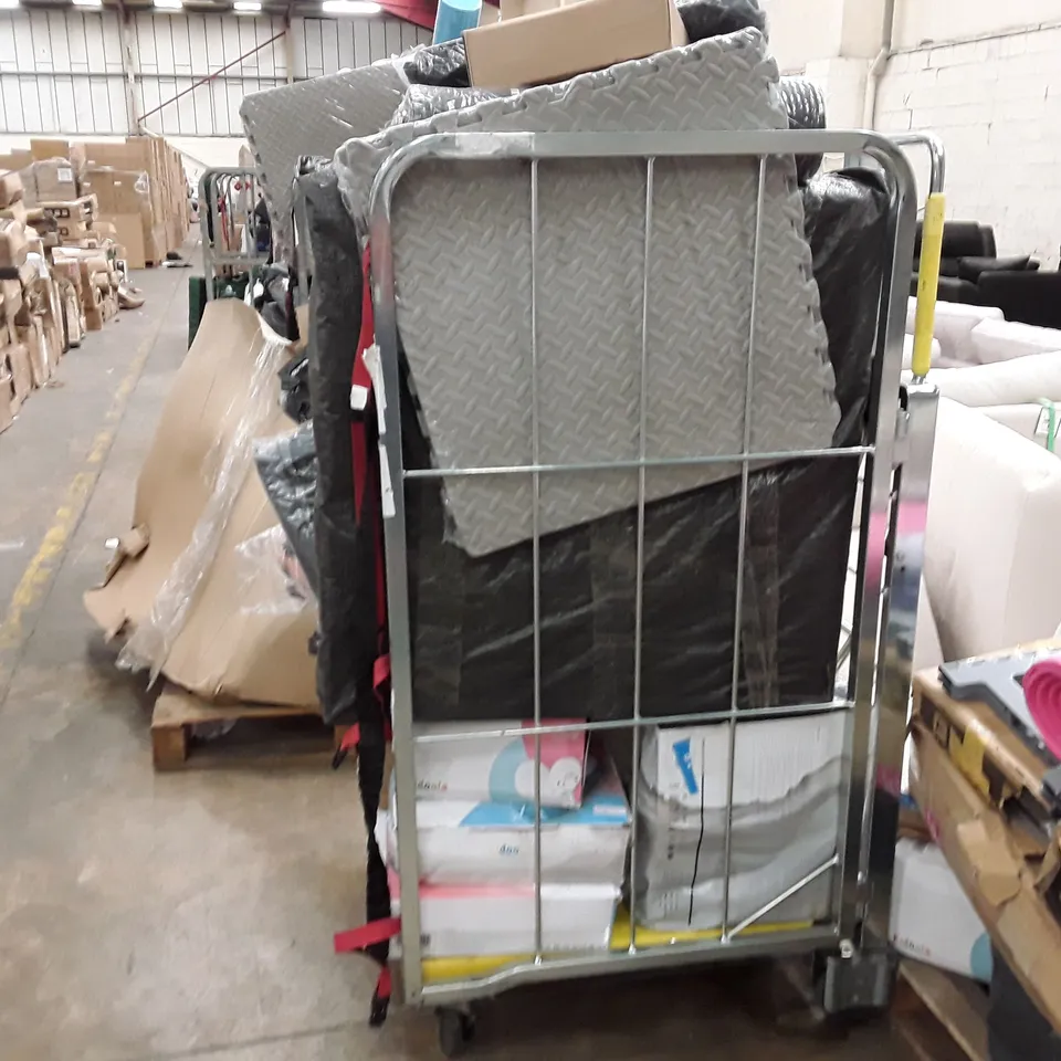 CAGE TO CONTAIN AN ASSORTMENT OF HOUSEHOLD ITEMS TO INCLUDE FOAM MATS SOFT SHELL LUGGAGE BAGS BABY CARRIER ECT 