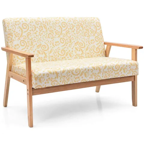 BOXED COSTWAY 2 SEATER YELLOW UPHOLSTERED WOODEN ACCENT CHAIR