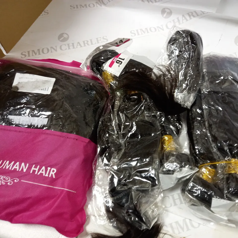 ASSORTMENT OF EBONY/DARK BROWN WIGS AND HAIR PIECES APPROX. 15 ITEMS 