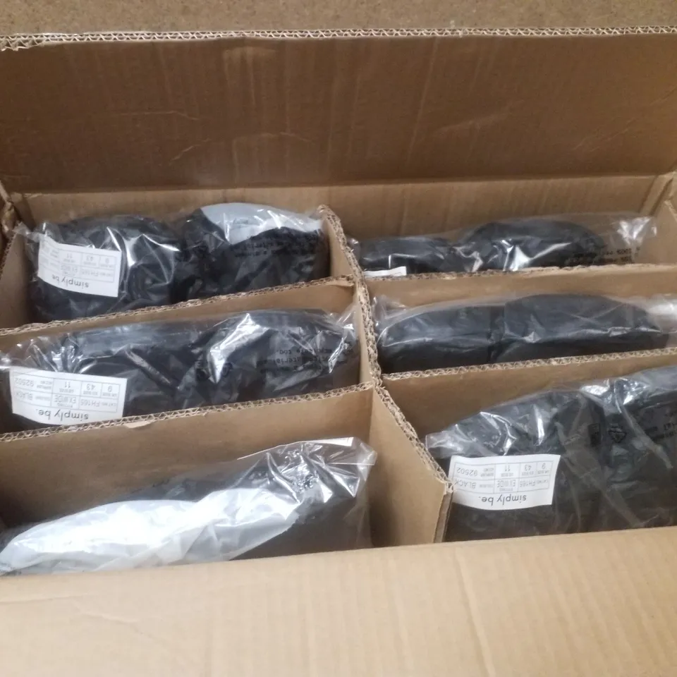 BOX CONTAINING APPROXIMATELY 6 PAIRS OF BRAND NEW SIMPLY BE BLACK PHOEBE EX WIDE SANDALS - SIZE 9